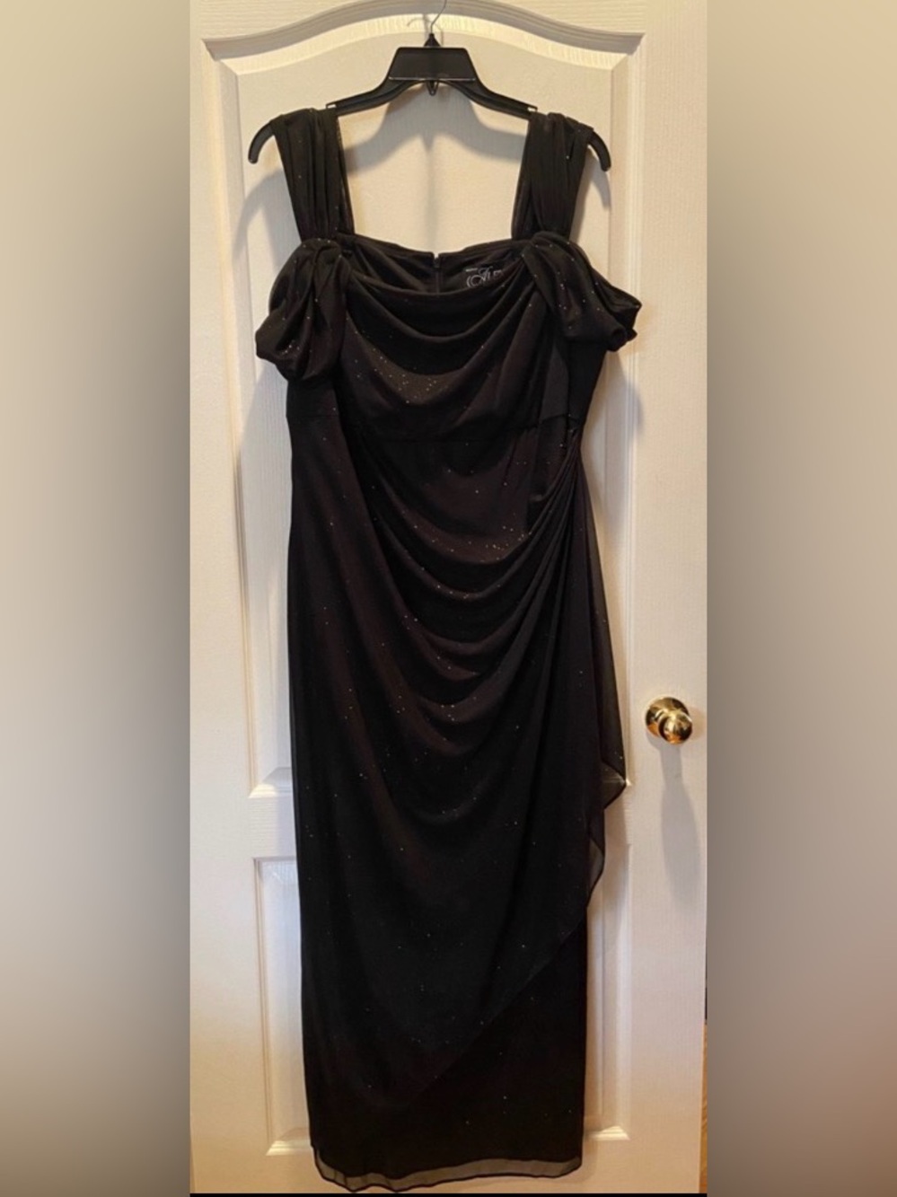 Alex Evenings Black Sparkle Draped Gown with Wide Straps and Ruched Skirt